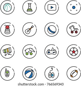 line vector icon set - basketball ball vector, chess queen, playback, record button, pyramid toy, guitar, wheel horse, xylophone, elephant, gamepad, soccer, phone, beach, yoyo, football