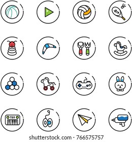 line vector icon set - basketball ball vector, play, volleyball, badminton, pyramid toy, boomerang, shovel fork, rocking horse, billiards balls, wheel, gamepad, rabbit, piano, yoyo, paper plane