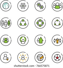 line vector icon set - basketball ball vector, gear, group, social, friends, community, man globe, arrow up, team leader, winner, star, volleyball, soccer