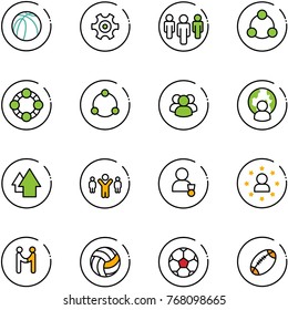 line vector icon set - basketball ball vector, gear, group, social, friends, community, man globe, arrow up, team leader, winner, star, agreement, volleyball, soccer, football