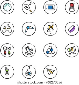 line vector icon set - basketball ball vector, badminton, game console, pyramid toy, joystick, boomerang, kite, tambourine, shovel fork, rocking horse, billiards balls, xylophone, phone, yoyo