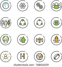 line vector icon set - basketball ball vector, gear, group, social, community, man globe, arrow up, team leader, arrows, star, agreement, volleyball, football