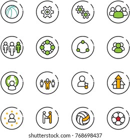 line vector icon set - basketball ball vector, gear, group, friends, community, man globe, team leader, winner, arrows up, star, agreement, volleyball, soccer