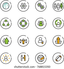 line vector icon set - basketball ball vector, gear, group, social, friends, man globe, arrow up, team leader, winner, arrows, star, agreement, volleyball, football