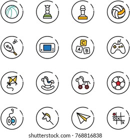 line vector icon set - basketball ball vector, chess queen, pawn, volleyball, badminton, game console, abc cube, joystick, kite, rocking horse, wheel, soccer, yoyo, toy unicorn stick, paper plane