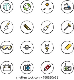line vector icon set - basketball ball vector, lifebuoy, mat, conveyor, trowel, work knife, screwdriver, nail, protective glasses, jack, winch, tool box, camera, marker, radio
