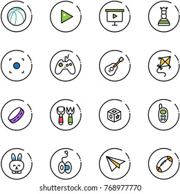 line vector icon set - basketball ball vector, play, presentation board, chess queen, record button, joystick, guitar, kite, tambourine, shovel fork toy, cube, phone, rabbit, yoyo, paper plane
