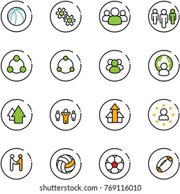 line vector icon set - basketball ball vector, gear, group, social, community, man globe, arrow up, team leader, arrows, star, agreement, volleyball, soccer, football