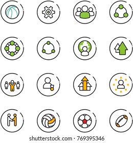 line vector icon set - basketball ball vector, gear, group, social, friends, community, man globe, arrow up, team leader, winner, arrows, star, agreement, volleyball, soccer, football