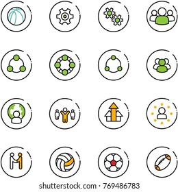 line vector icon set - basketball ball vector, gear, group, social, friends, community, man globe, team leader, arrows up, star, agreement, volleyball, soccer, football