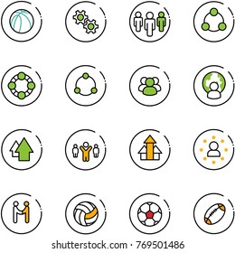 line vector icon set - basketball ball vector, gear, group, social, friends, community, man globe, arrow up, team leader, arrows, star, agreement, volleyball, soccer, football