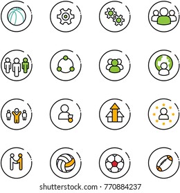 line vector icon set - basketball ball vector, gear, group, community, man globe, team leader, winner, arrows up, star, agreement, volleyball, soccer, football