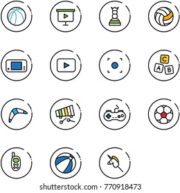 line vector icon set - basketball ball vector, presentation board, chess queen, volleyball, game console, playback, record button, abc cube, boomerang, xylophone, gamepad, soccer, phone toy, beach
