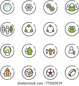 line vector icon set - basketball ball vector, gear, group, social, community, man globe, arrow up, team leader, winner, arrows, volleyball, soccer, football