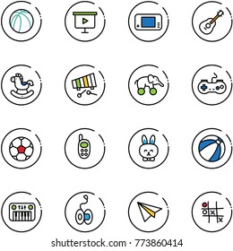line vector icon set - basketball ball vector, presentation board, game console, guitar, rocking horse, xylophone, elephant wheel, gamepad, soccer, phone toy, rabbit, beach, piano, yoyo, paper plane