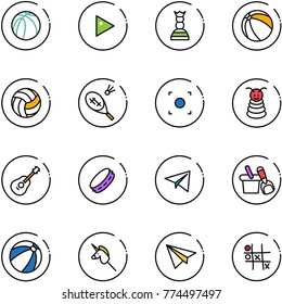 line vector icon set - basketball ball vector, play, chess queen, volleyball, badminton, record button, pyramid toy, guitar, tambourine, paper plane, shovel bucket, beach, unicorn stick, Tic tac toe