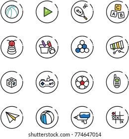 line vector icon set - basketball ball vector, play, badminton, abc cube, pyramid toy, shovel bucket, billiards balls, xylophone, gamepad, soccer, phone, paper plane, water gun, Tic tac toe
