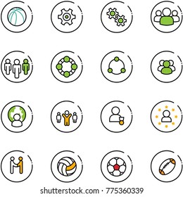 line vector icon set - basketball ball vector, gear, group, friends, community, man globe, team leader, winner, star, agreement, volleyball, soccer, football