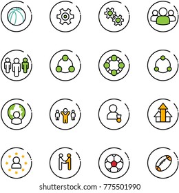 line vector icon set - basketball ball vector, gear, group, social, friends, community, man globe, team leader, winner, arrows up, star, agreement, soccer, football
