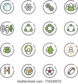 line vector icon set - basketball ball vector, gear, group, social, friends, community, man globe, arrow up, star, agreement, volleyball, soccer, football