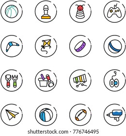 line vector icon set - basketball ball vector, pawn, pyramid toy, joystick, boomerang, kite, tambourine, shovel fork, bucket, xylophone, yoyo, paper plane, football, water gun