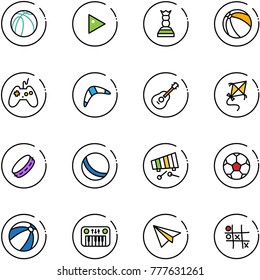 line vector icon set - basketball ball vector, play, chess queen, joystick, boomerang, guitar, kite, tambourine, xylophone, soccer, beach, toy piano, paper plane, Tic tac toe
