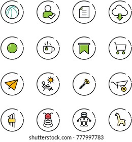 line vector icon set - basketball ball vector, user check, document, download cloud, record, hot tea, flag, cart, paper fly, beach, screw, wheelbarrow, allen key set, pyramid toy, robot, giraffe