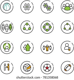 line vector icon set - basketball ball vector, gear, group, social, friends, community, man globe, arrow up, team leader, winner, agreement, volleyball, soccer, football