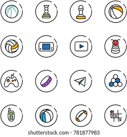 line vector icon set - basketball ball vector, chess queen, pawn, volleyball, game console, playback, pyramid toy, joystick, tambourine, paper plane, billiards balls, phone, football, Tic tac toe