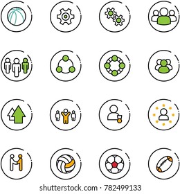 line vector icon set - basketball ball vector, gear, group, social, friends, arrow up, team leader, winner, star man, agreement, volleyball, soccer, football