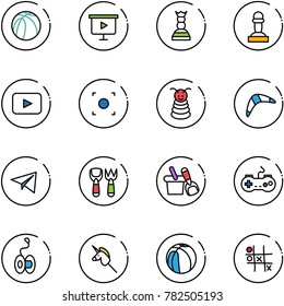 line vector icon set - basketball ball vector, presentation board, chess queen, pawn, playback, record button, pyramid toy, boomerang, paper plane, shovel fork, bucket, gamepad, yoyo, unicorn stick