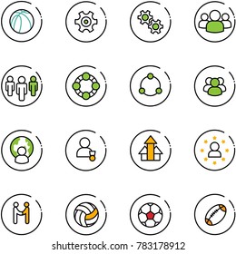 line vector icon set - basketball ball vector, gear, group, friends, community, man globe, winner, arrows up, star, agreement, volleyball, soccer, football