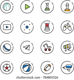 line vector icon set - basketball ball vector, play, chess queen, pawn, playback, record button, pyramid toy, joystick, paper plane, wheel horse, xylophone, soccer, beach, football, water gun