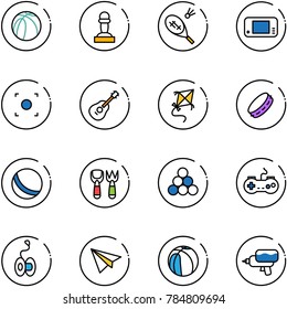 line vector icon set - basketball ball vector, pawn, badminton, game console, record button, guitar, kite, tambourine, shovel fork toy, billiards balls, gamepad, yoyo, paper plane, water gun