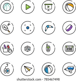 line vector icon set - basketball ball vector, play, presentation board, badminton, record button, boomerang, tambourine, shovel bucket, cube toy, phone, piano, yoyo, paper plane, water gun