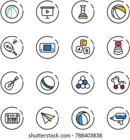 line vector icon set - basketball ball vector, presentation board, chess queen, badminton, game console, abc cube, pyramid toy, guitar, billiards balls, wheel horse, piano, paper plane, water gun