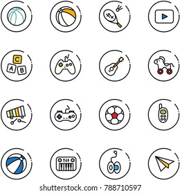 line vector icon set - basketball ball vector, badminton, playback, abc cube, joystick, guitar, wheel horse, xylophone, gamepad, soccer, phone toy, beach, piano, yoyo, paper plane