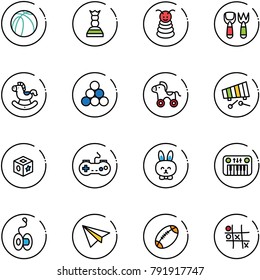 line vector icon set - basketball ball vector, chess queen, pyramid toy, shovel fork, rocking horse, billiards balls, wheel, xylophone, cube, gamepad, rabbit, piano, yoyo, paper plane, football