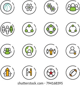 line vector icon set - basketball ball vector, gear, group, social, friends, community, man globe, team leader, winner, arrows up, agreement, soccer, football