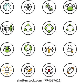 line vector icon set - basketball ball vector, gear, group, social, friends, community, man globe, team leader, winner, star, volleyball, soccer, football