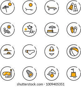 line vector icon set - beach vector, lounger, flippers, palm, inflatable pool, flip flops, swimsuit, ball, diving, shell, dolphin, sand castle
