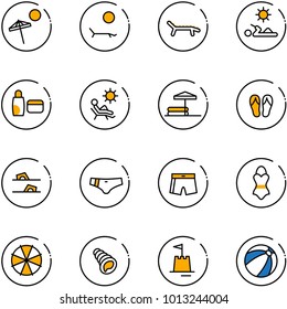 line vector icon set - beach vector, lounger, reading, uv cream, inflatable pool, flip flops, swimsuit, parasol, shell, sand castle, ball