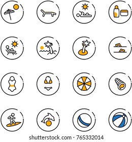 line vector icon set - beach vector, lounger, reading, uv cream, palm, flip flops, swimsuit, parasol, shell, surfing, dolphin, ball