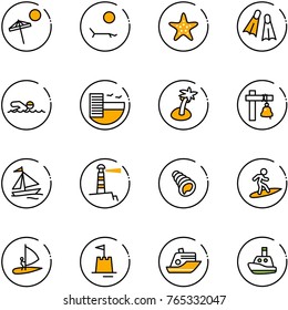 line vector icon set - beach vector, lounger, starfish, flippers, swimming, hotel, palm, ship bell, sail boat, lighthouse, shell, surfing, windsurfing, sand castle, cruiser, toy
