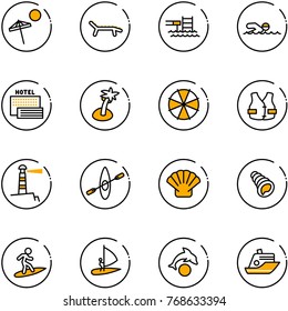 line vector icon set - beach vector, lounger, pool, swimming, sea hotel, palm, parasol, life vest, lighthouse, kayak, shell, surfing, windsurfing, dolphin, cruiser