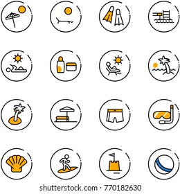 line vector icon set - beach vector, lounger, flippers, pool, reading, uv cream, palm, inflatable, swimsuit, diving, shell, surfing, sand castle, ball