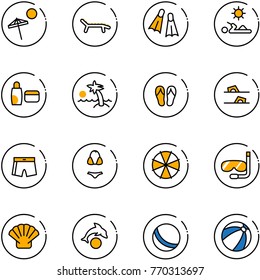 line vector icon set - beach vector, lounger, flippers, reading, uv cream, palm, flip flops, swimsuit, parasol, diving, shell, dolphin, ball