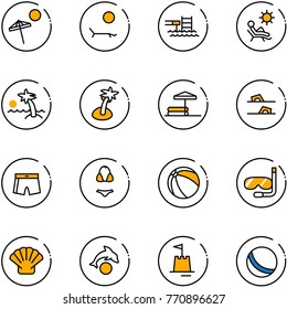 line vector icon set - beach vector, lounger, pool, palm, inflatable, flip flops, swimsuit, ball, diving, shell, dolphin, sand castle