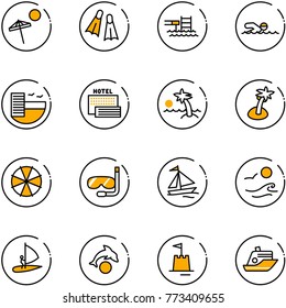 line vector icon set - beach vector, flippers, pool, swimming, hotel, sea, palm, parasol, diving, sail boat, waves, windsurfing, dolphin, sand castle, cruiser