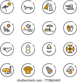 line vector icon set - beach vector, lounger, flippers, pool, palm, inflatable, flip flops, swimsuit, parasol, diving, shell, dolphin